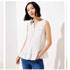 LOFT Lace Trim‎ Tiered Blouse Medium Cream Off White Peplum